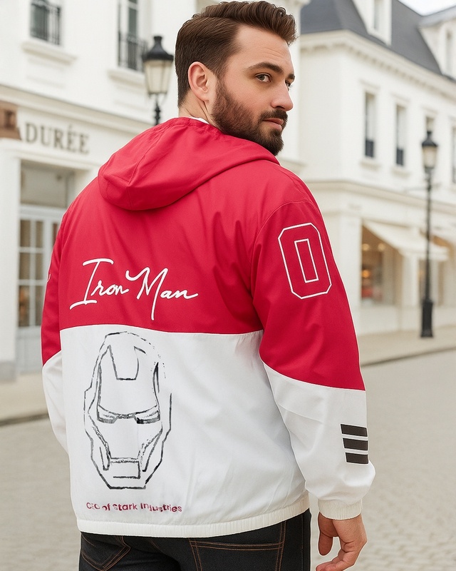 Shop Men's White & Red Graphic Printed Oversized Plus Size Windcheater Jacket-Front