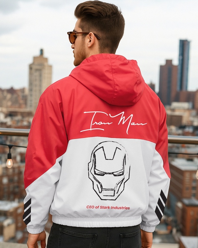 Shop Men's White & Red Iron Man Graphic Printed Oversized Windcheater Jacket-Front