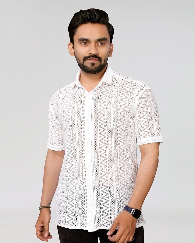 Shop Men's White Relaxed Fit Crochet Shirt-Front