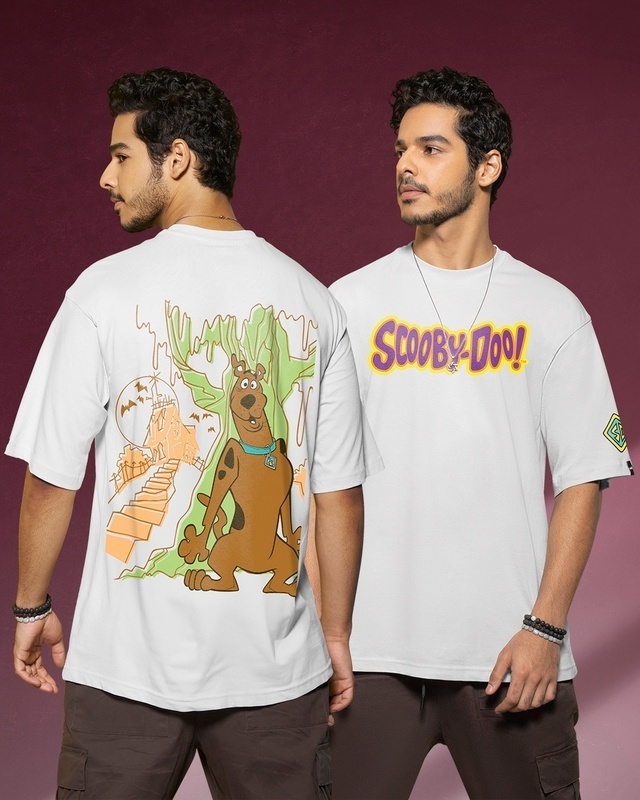Shop Men's White Scared Scoob Graphic Printed Oversized T-shirt-Front