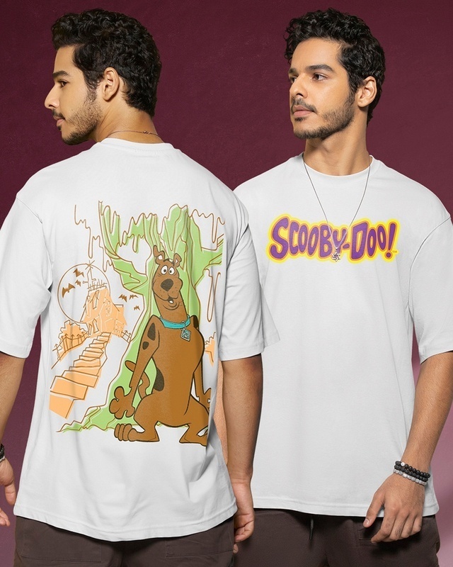 Shop Men's White Scared Scoob Graphic Printed Oversized T-shirt-Front