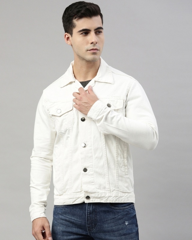 Shop Men's White Slim Fit Denim Jacket-Front
