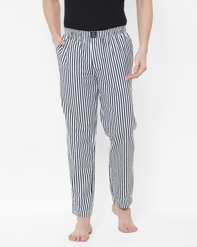 Shop Men's White Striped Cotton Lounge Pants-Front