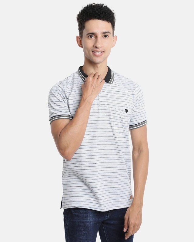 Shop Men's White Striped Cotton Polo T-shirt-Front