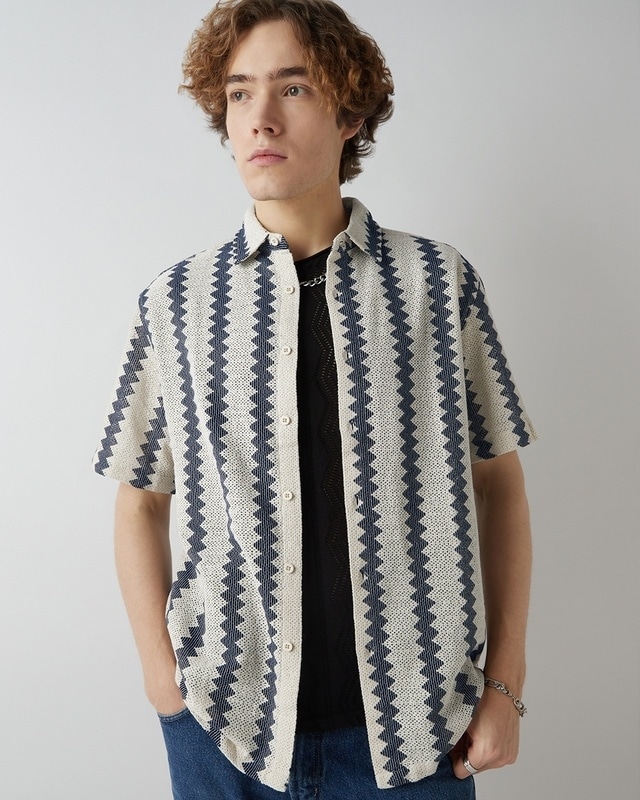 Shop Men's Off White & Blue Textured Oversized Shirt-Front