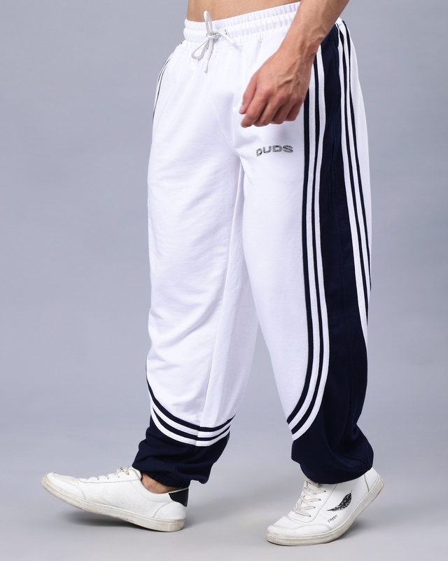 Shop Men's White & Navy Striped Relaxed Fit Joggers-Front