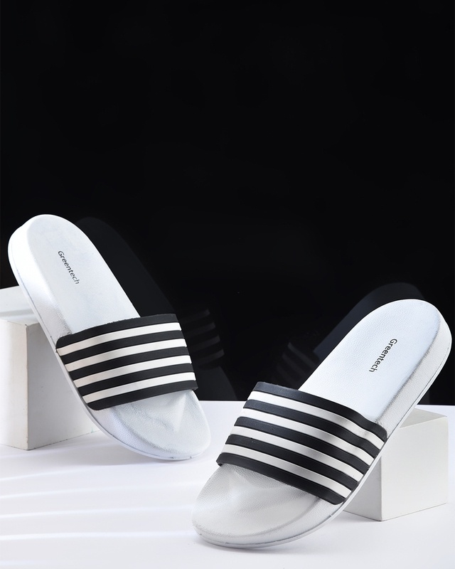 Shop Men's White Striped Sliders-Front