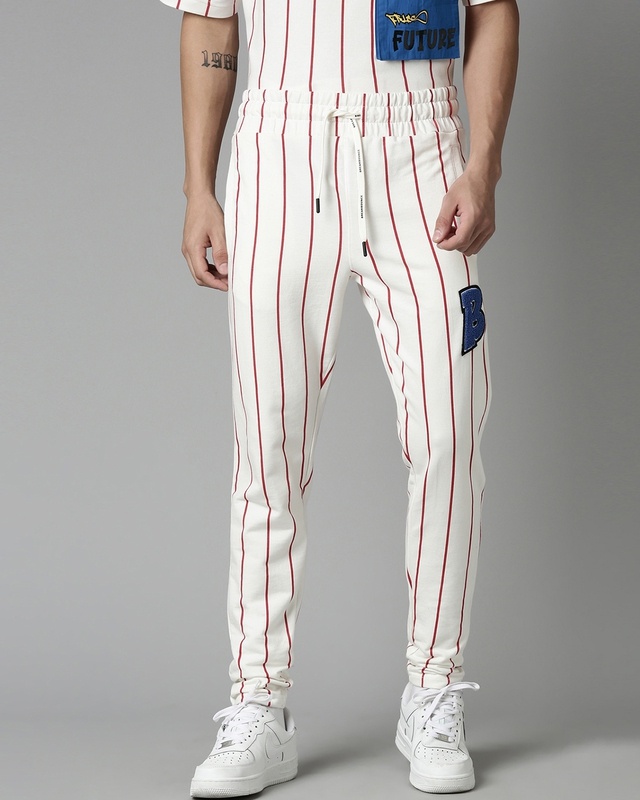 Shop Men's White Striped Track Pants-Front