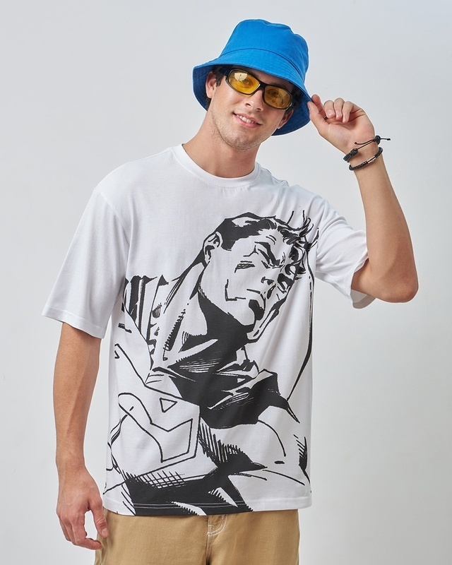 Shop Men's White Superman Graphic Printed Oversized T-shirt-Front