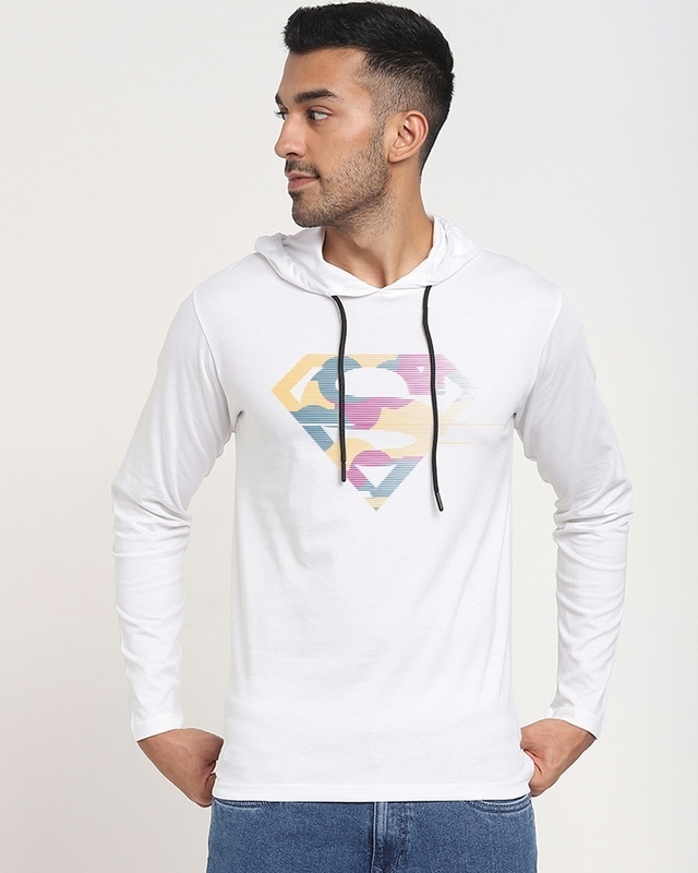 Shop Men's White Superman Line Art Cotton Graphic Printed Hoodie T-shirt-Front