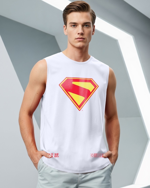 Shop Men's White Superman Logo Graphic Printed Oversized Vest-Front