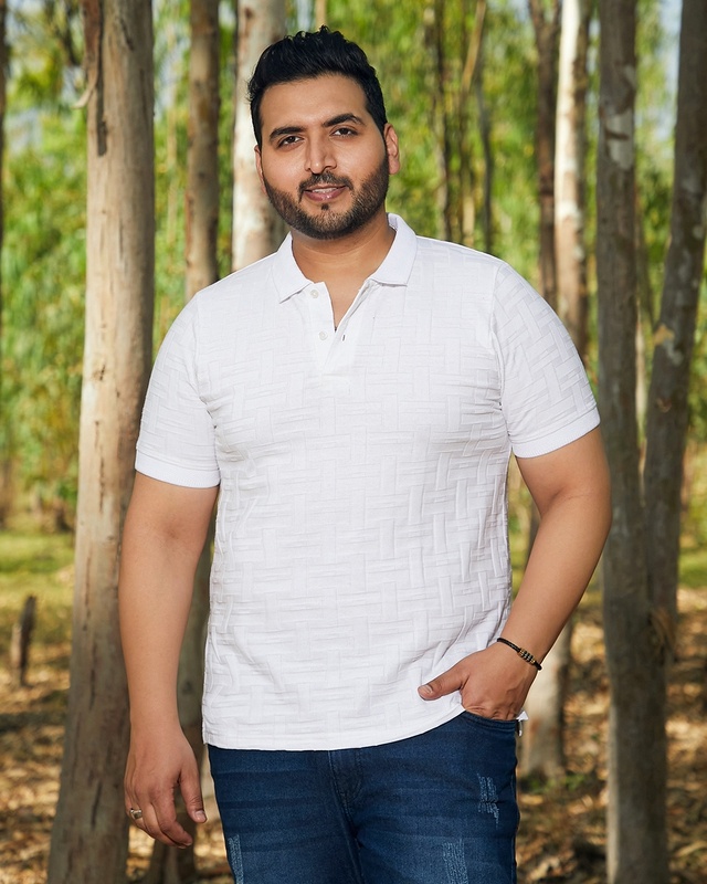 Men's White Textured Plus Size Polo T-shirt