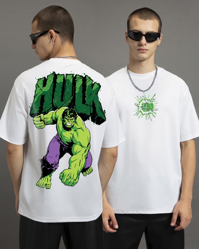 Shop Men's White The Incredible Hulk Graphic Printed Oversized T-shirt-Front