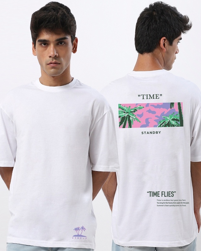 Shop Men's White Time Flies Graphic Printed Oversized T-shirt-Front