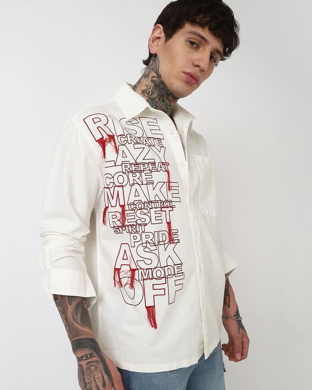 Shop Men's White Typography Oversized Shirt-Front