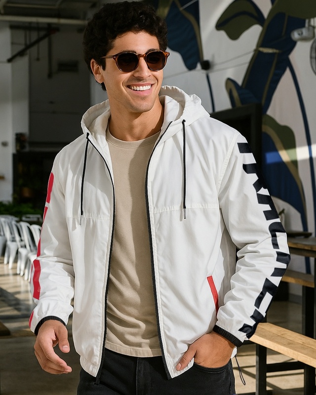 Shop Men's White Typography Oversized Windcheater Jacket-Front