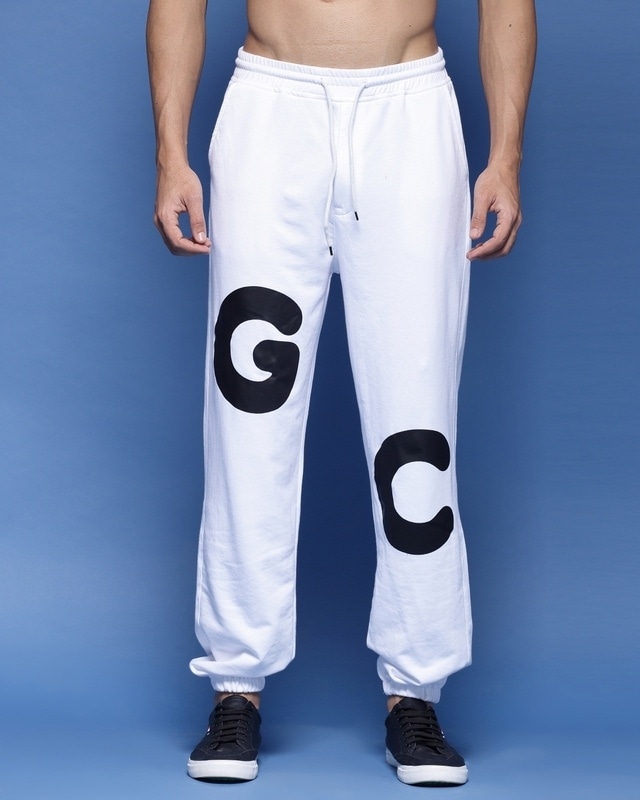 Shop Men's White Typography Relaxed Fit Joggers-Front