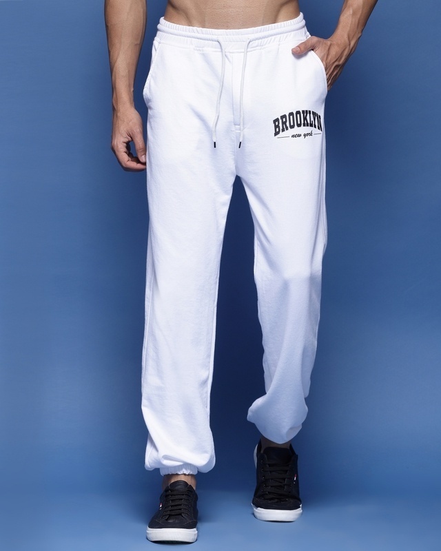 Shop Men's White Typography Relaxed Fit Joggers-Front