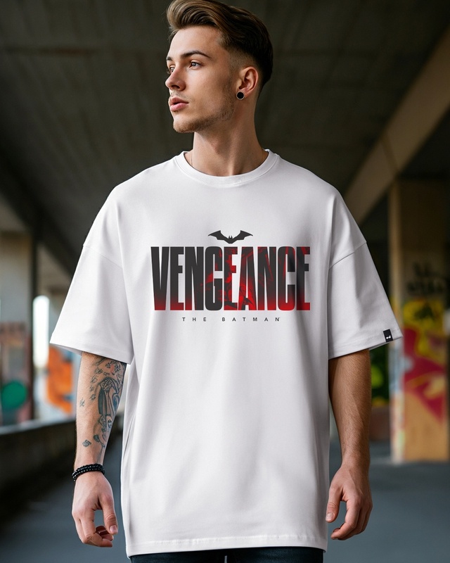 Shop Men's White Vengeance Typography Oversized T-shirt-Front