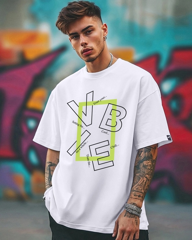 Shop Men's White Vibe Typography Oversized T-shirt-Front