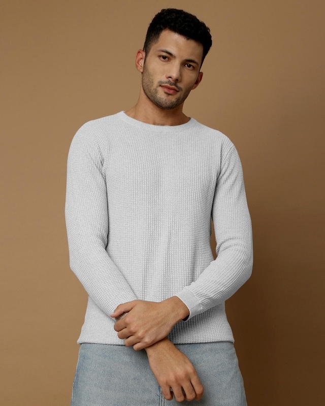 Shop Men's White Waffle Self Designed Slim Fit Sweater-Front