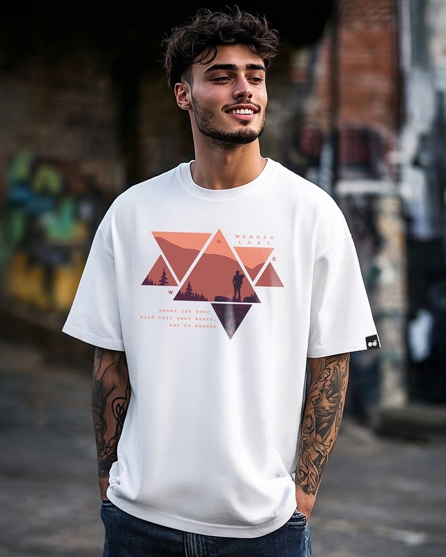 Shop Men's White Wander Geometry Graphic Printed Oversized T-shirt-Front