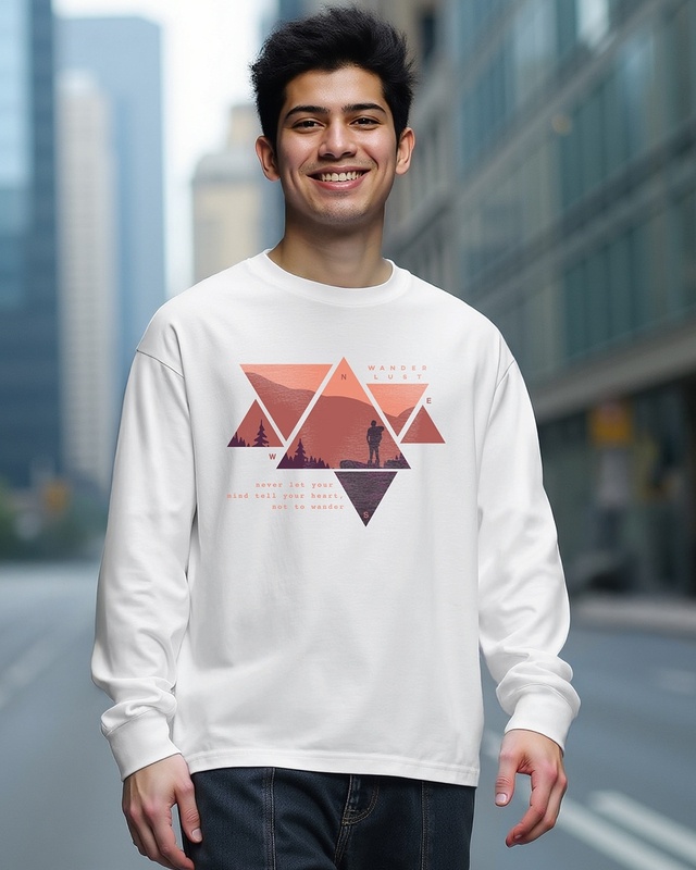 Shop Men's White Wander Geometry Graphic Printed Oversized T-shirt-Front