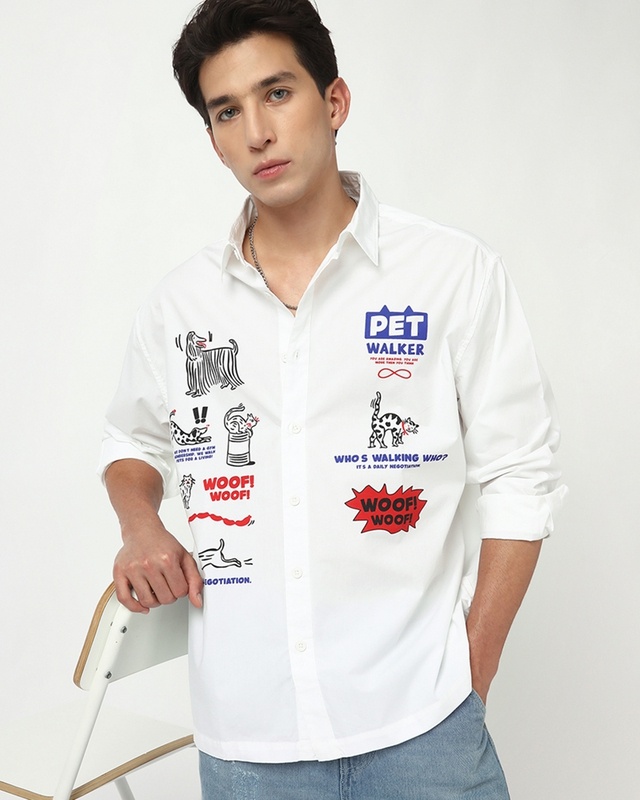 Shop Men's White Woof Graphic Printed Oversized Shirt-Front