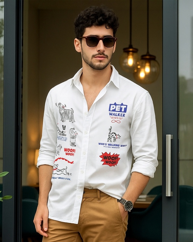 Shop Men's White Woof Graphic Printed Oversized Shirt-Front