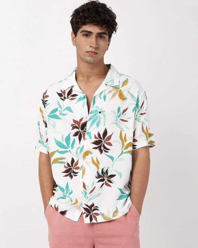 Shop Men's White & Yellow All Over Printed Oversized Shirt-Front