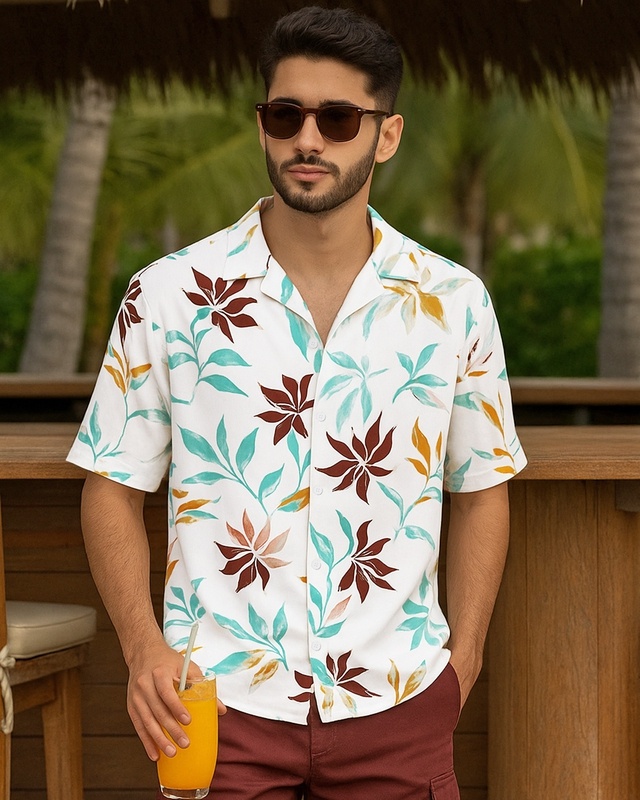 Shop Men's White & Yellow All Over Printed Oversized Shirt-Front