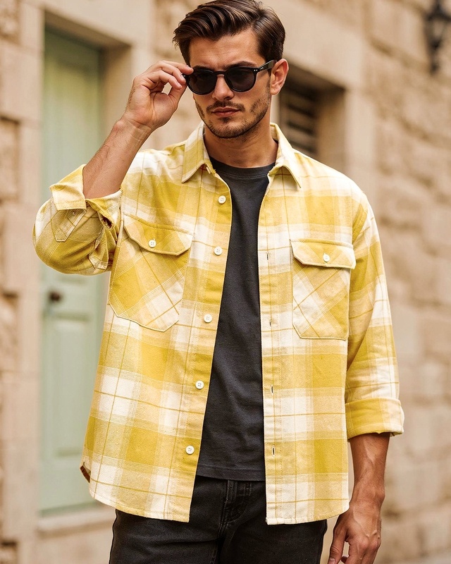 Men's Yellow & White Checked Oversized Shirt-Front Bewakoof Shop Men's Yellow & White Checked Oversized Shirt-Front