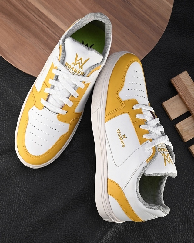Shop Men's White & Yellow Color Block Sneakers-Front