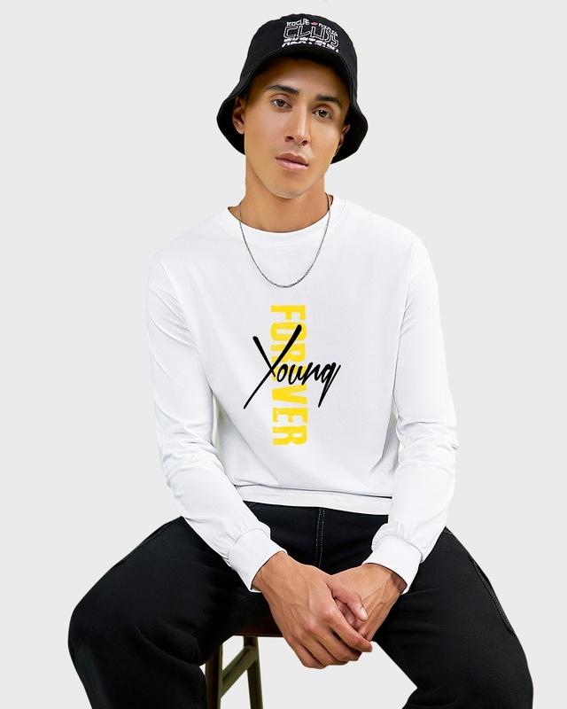 Shop Men's White Young Forever Typography Oversized T-shirt-Front