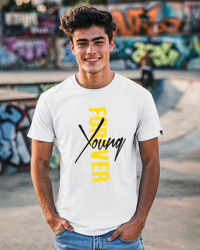 Shop Men's White Young Forever Typography T-shirt-Front