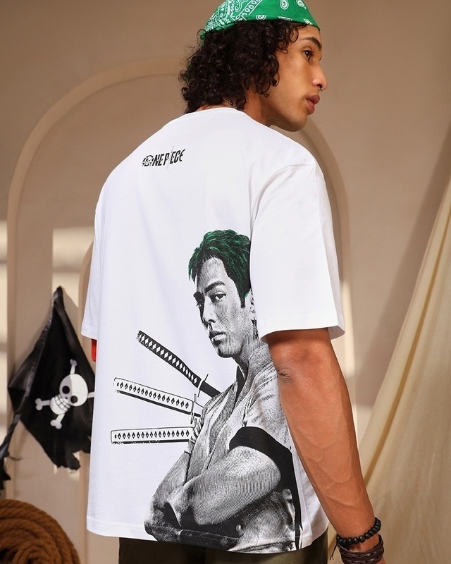 Shop Men's White Zoro Graphic Printed Oversized T-shirt-Front