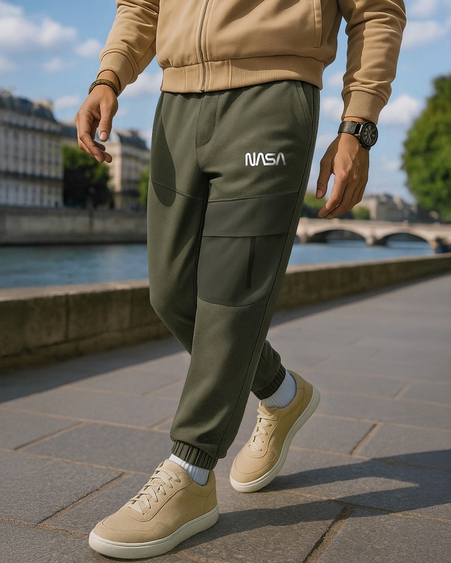 Shop Men's Winter Moss Green Nasa Typography Oversized Joggers-Front