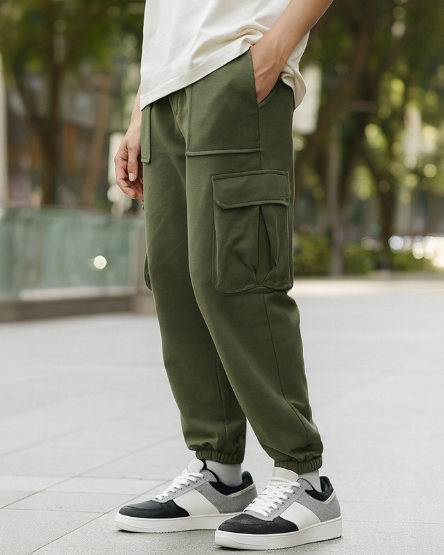 Shop Men's Winter Moss Green Oversized Cargo Joggers-Front