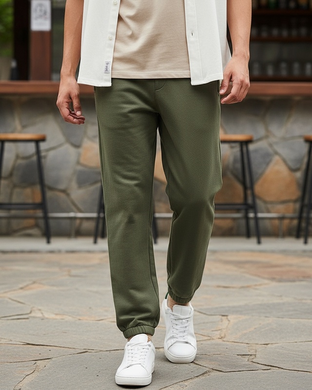 Shop Men's Winter Moss Green Oversized Warm Joggers-Front