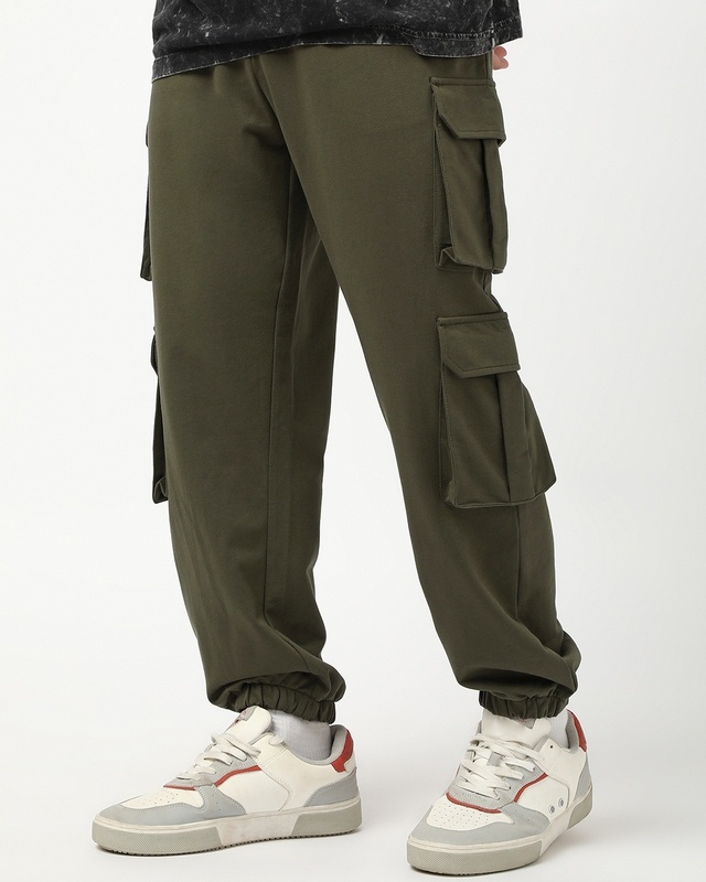 Shop Men's Winter Moss Green Super Loose Fit Cargo Joggers-Front