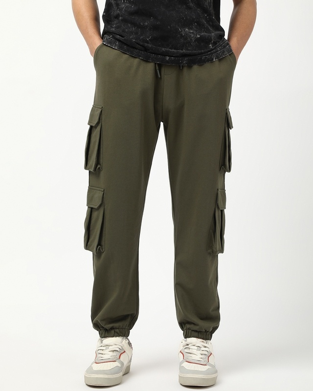 Shop Men's Winter Moss Green Super Loose Fit Cargo Joggers-Front