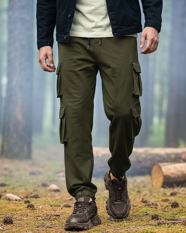 Shop Men's Winter Moss Green Super Loose Fit Cargo Joggers-Front