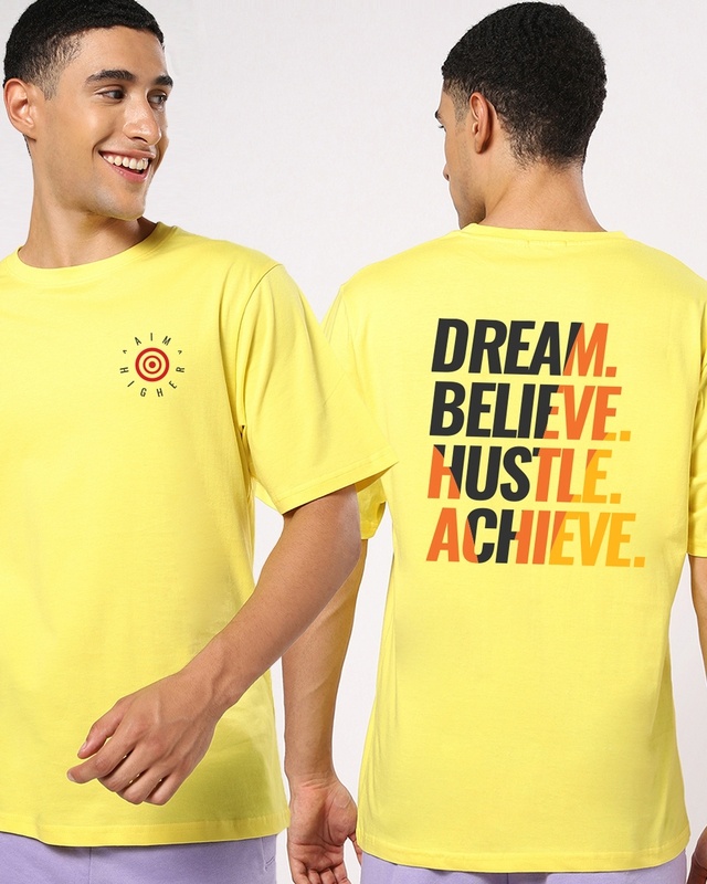 Shop Men's Yellow Aim Higher 2.0 Typography Oversized Fit T-shirt-Front