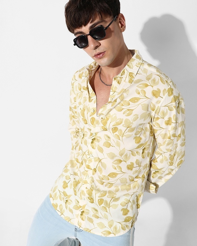 Shop Men's Yellow All Over Leaf Printed Shirt-Front