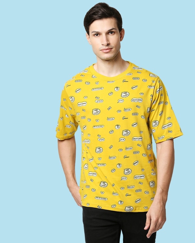 Shop Men's Yellow All Over Printed Oversized T-shirt-Front