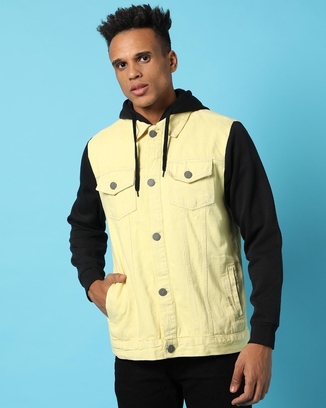 Shop Men's Yellow Color Block Denim Hoodie Jacket-Front