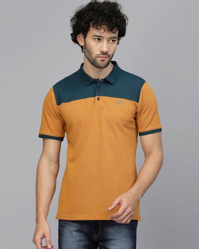 Shop Men's Yellow & Teal Green Color Block Polo T-shirt-Front
