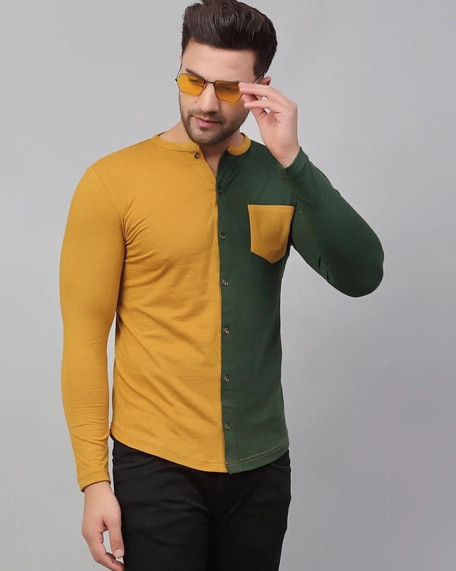 Shop Men's Yellow & Green Color Block Slim Fit Shirt-Front