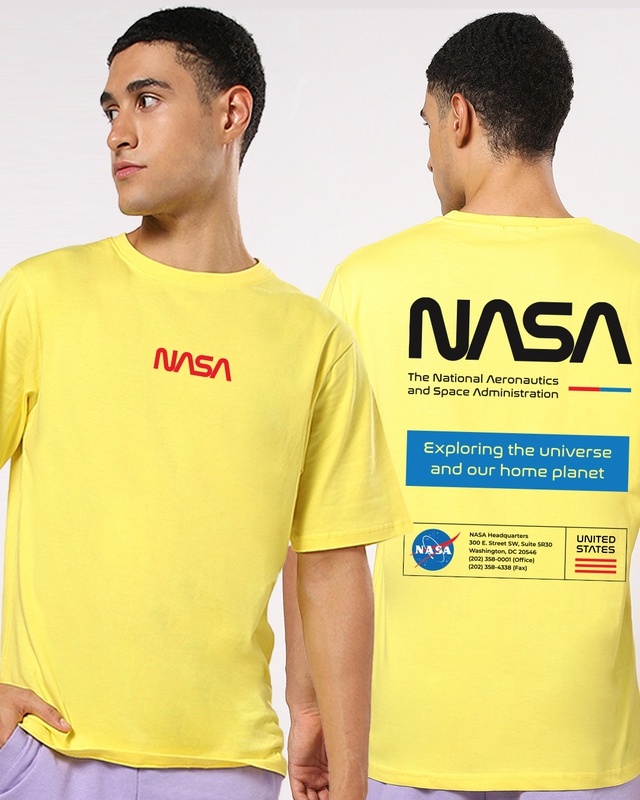 Shop Men's Yellow NASA-US Typography Oversized Fit T-shirt-Front