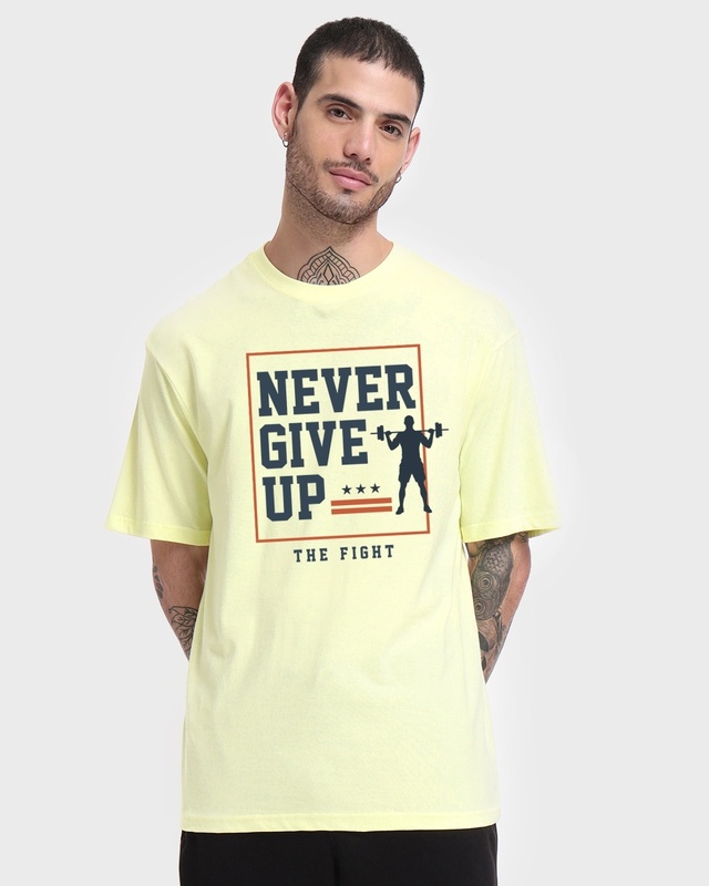 Never Give Up (in Green) Printed Black Oversized T-Shirt for Men